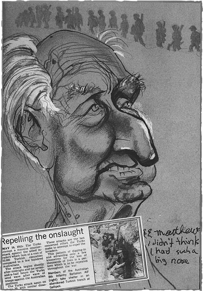 Caricature of Ted Matthews, by Mick Joffe